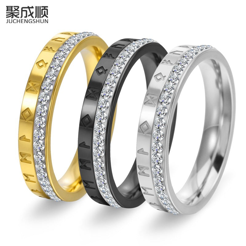 18K Gold-plated Nordic Viking Rune Full Diamond Band Ring for Women, Titanium Steel Engagement & Wedding Jewelry