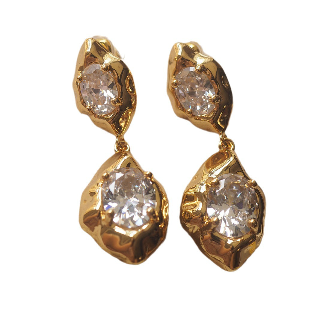 Vintage European and American Style Hand-hammered Copper-plated Gold Openwork Lava Textured Hoop Earrings for Women with Zircon Gemstones